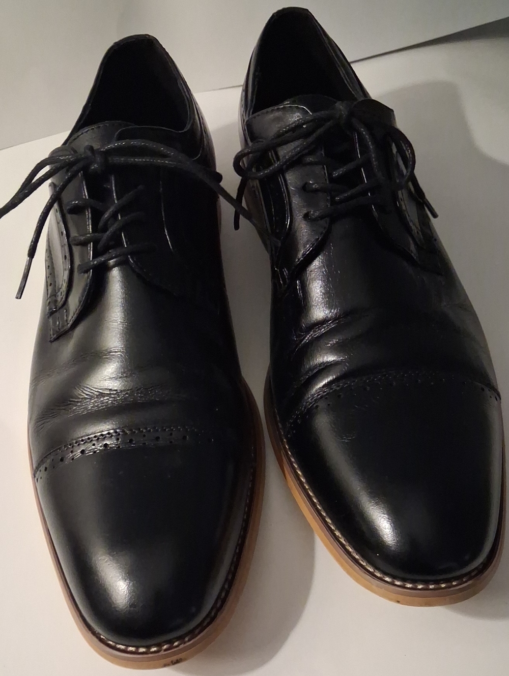 Stacy Adams Black Leather Cap-Toe Derby with Tan Sole